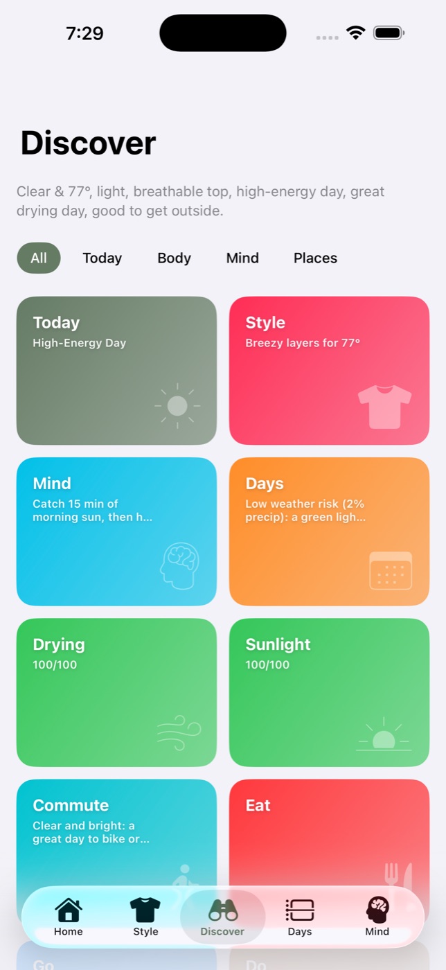 Weather Happiness Discover screen with nearby eat, go, and rest picks