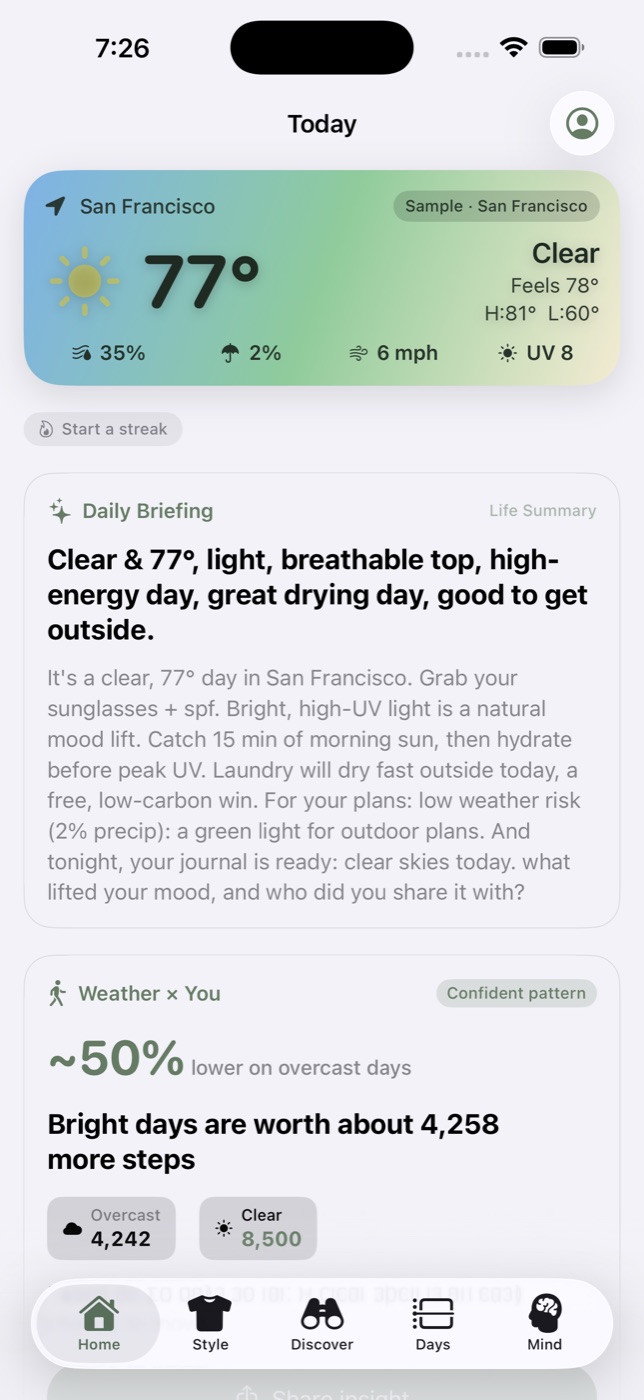 Weather Happiness Home screen showing today's conditions and Daily Briefing