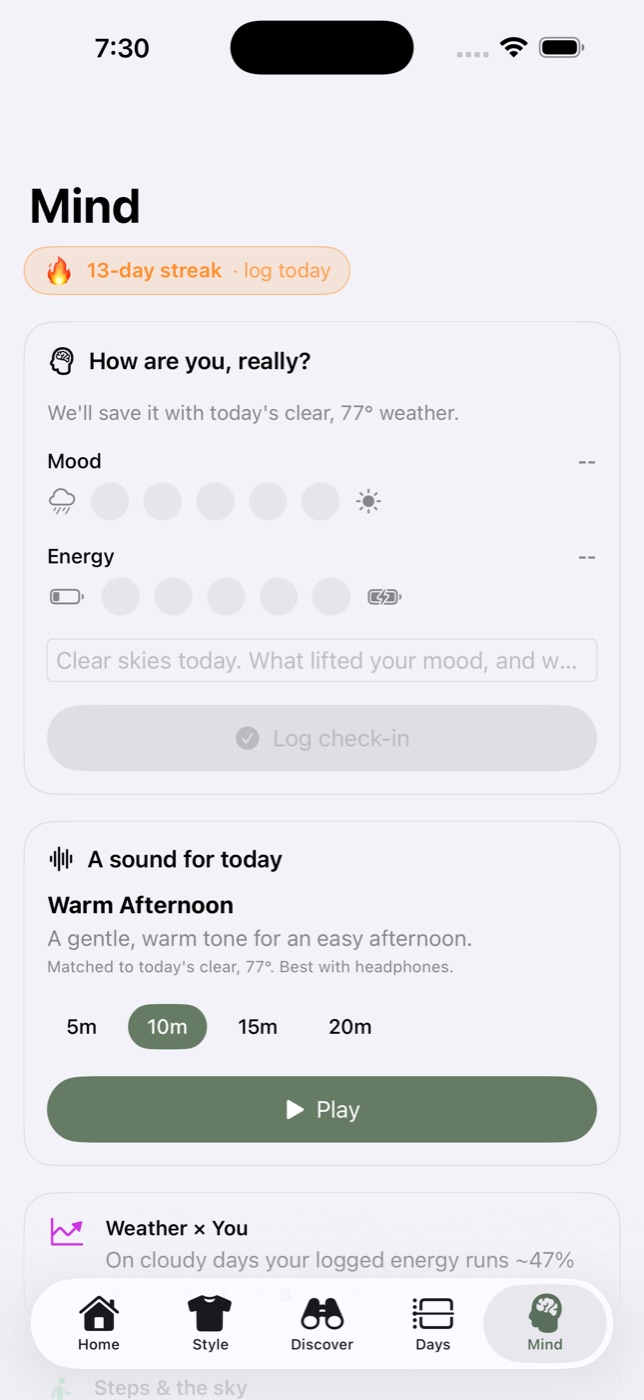 Weather Happiness Mind screen with check-ins and sky-pattern charts