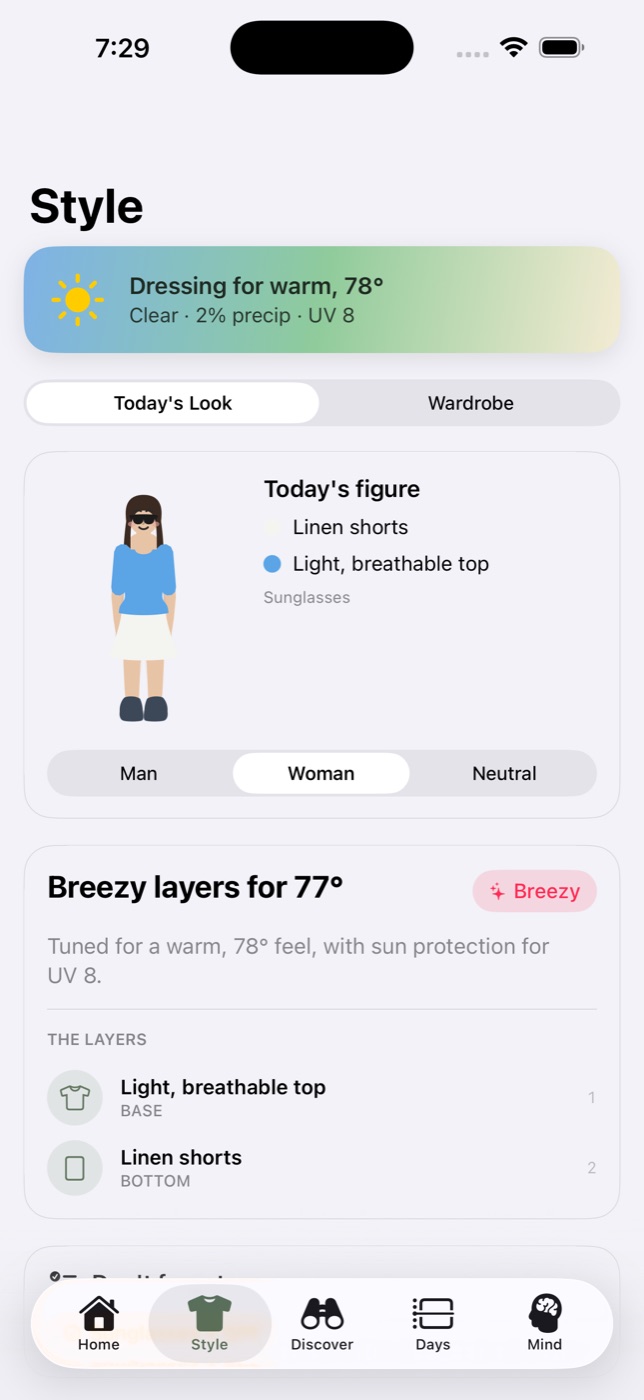 Weather Happiness Style screen showing today's outfit drawn on a figure